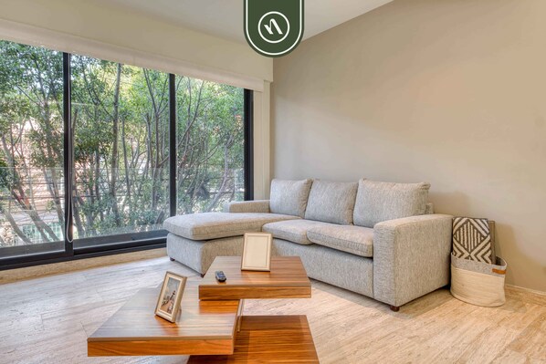 Apartment, 1 Queen Bed with Sofa bed, Kitchen, City View (Monterrey 200 203) | Living area - Centric 2 BR Condo in the Heart Roma Norte (Mexico City)