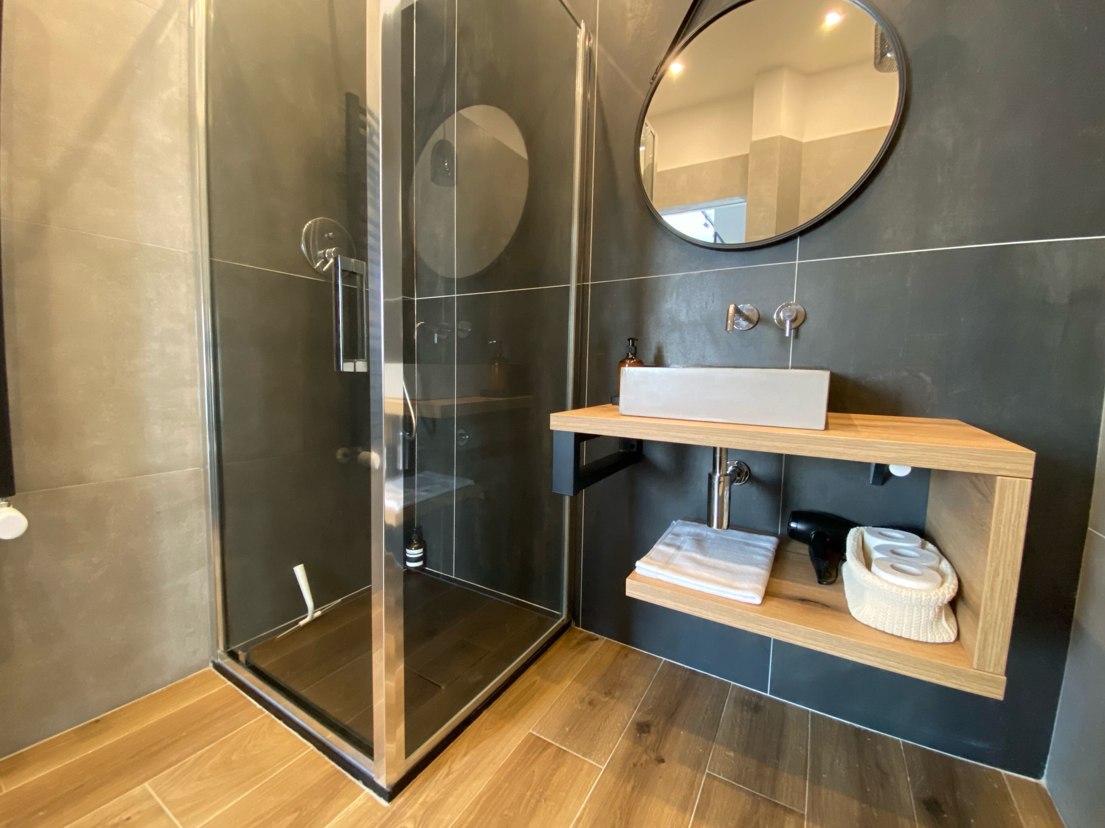 Shower, hair dryer, bidet, towels