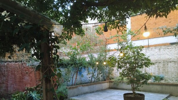 Une cour avec un sol en béton, des plantes en pot et des guirlandes lumineuses.