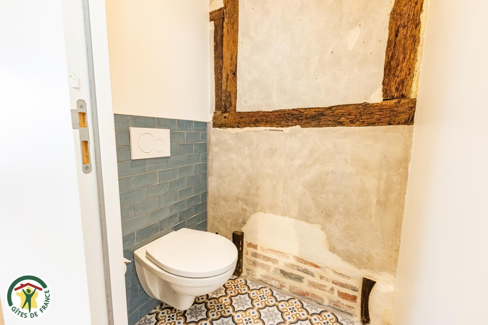 A bathroom with a white toilet, blue tiled walls, and a patterned floor.