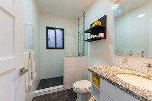 Regadera, toallas, jabón, papel de baño