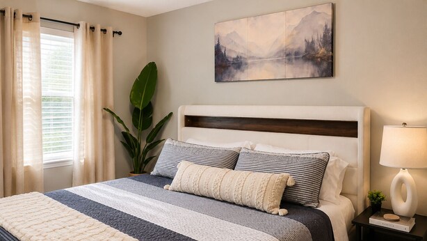 Un dormitorio con una cama, una mesita de noche, una lámpara, una planta y un cuadro en la pared.