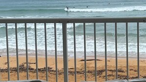 A beach view from a balcony with metal railings, featuring a sandy beach and the ocean. - Beachfront 3-Bedroom Apartment with Breathtaking Views in Luquillo (Luquillo)
