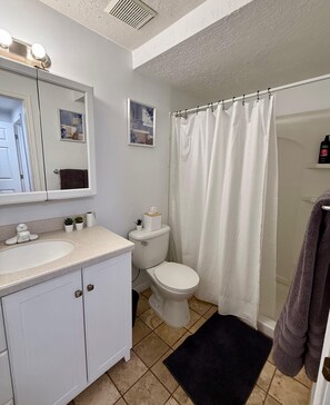 Een badkamer met een witte wastafel, toilet en douchegordijn. Twee ingekaderde foto's hangen aan de muur, een handdoekhouder en een zwart vloerkleed op de vloer.