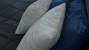 Een bed met witte en blauwe kussens, een donker gewatteerd hoofdbord en een uitzicht op een stadsgezicht door een groot raam.