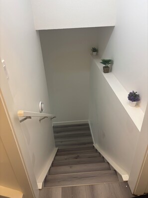 A narrow staircase with a handrail, a small plant on a shelf, and a door on the left. - Peniel Place - Your Peaceful Home Away From Home (Airdrie)
