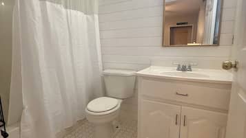 Hair dryer, towels, soap, toilet paper