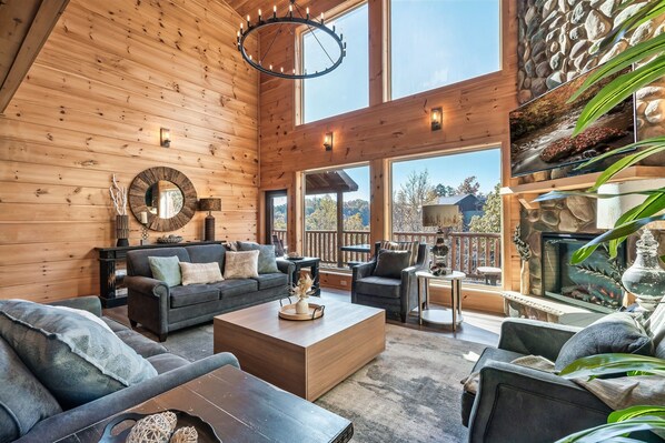 Smart TV, fireplace, video games, DVD player