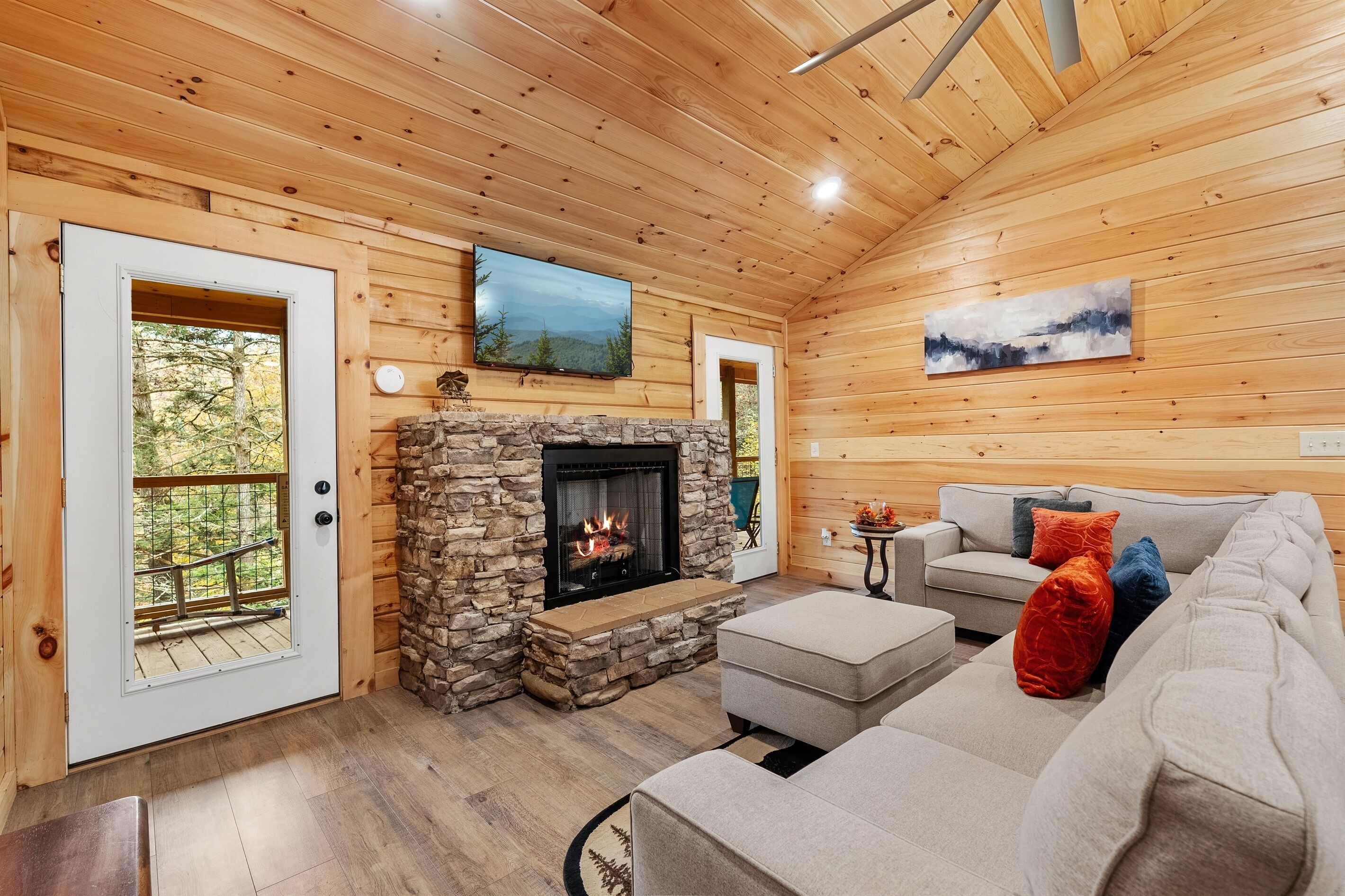 Smart TV, fireplace, foosball