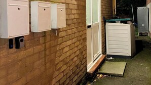 Un mur de briques avec trois compteurs d’eau, de gaz ou d’électricité et une porte blanche.