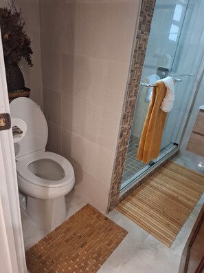 Shower, hair dryer, towels, soap