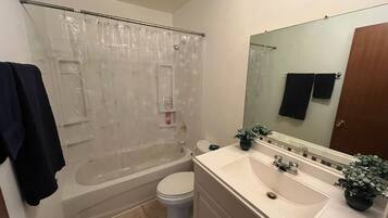 Shower, towels, soap, toilet paper