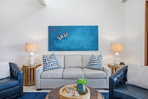 Between the bold blues and happy hues, this room has a way of making ordinary moments feel like magic KGV-20T8 - Kapalua Golf | Golf View 4 BR, Sleeps 13 | Car Incl. w/ 6+ Nights | KGV ML-2318 by KBM (Lahaina)