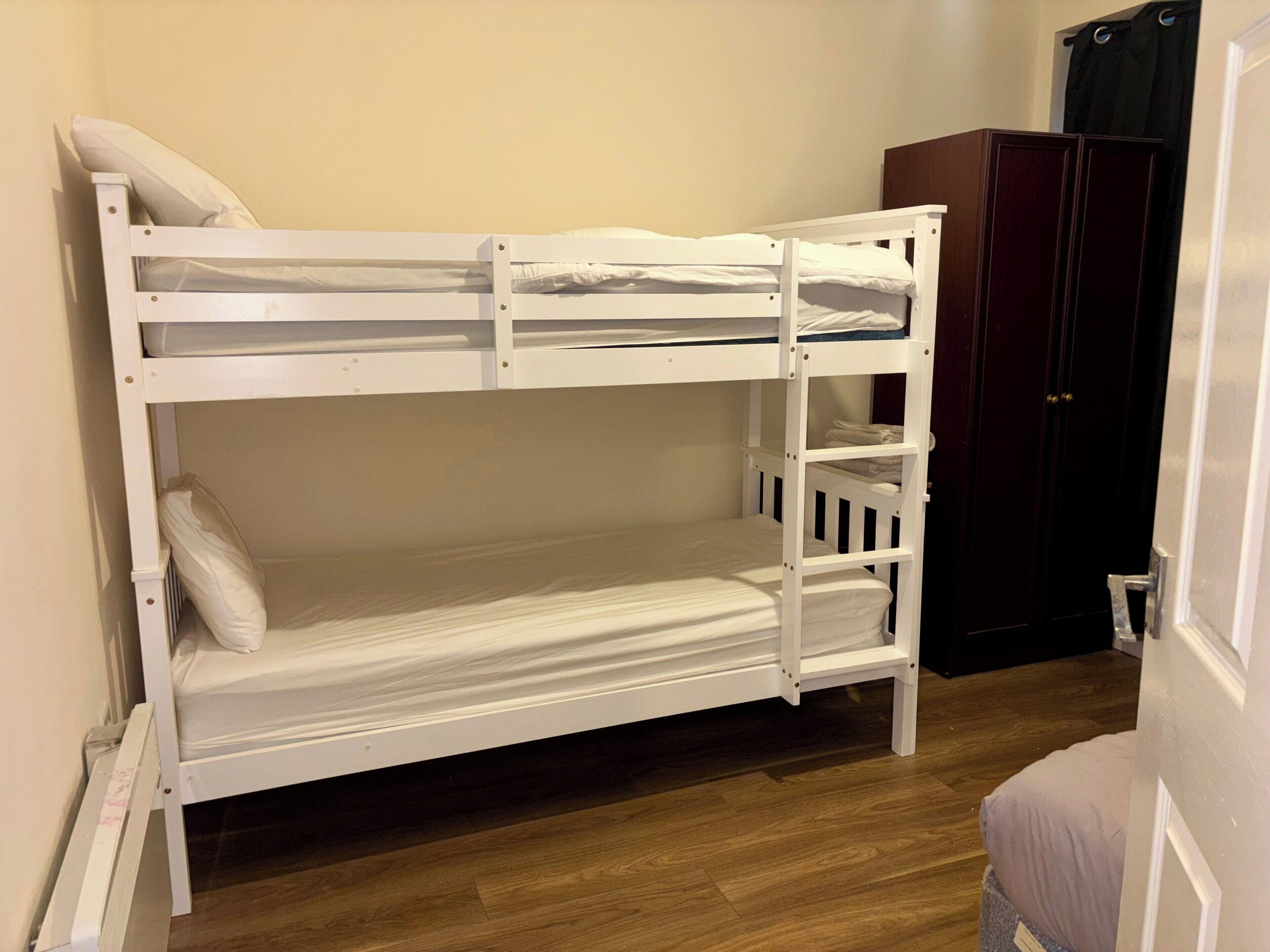 A bunk bed with a lower bunk, a door, and a dark-colored wardrobe.