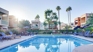 A swimming pool with lounge chairs and palm trees. - Bring Your Pet! Snowbird Haven w/ Community Pool! (Scottsdale)