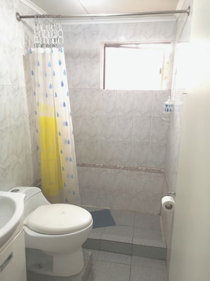 Shower, hair dryer, towels, soap