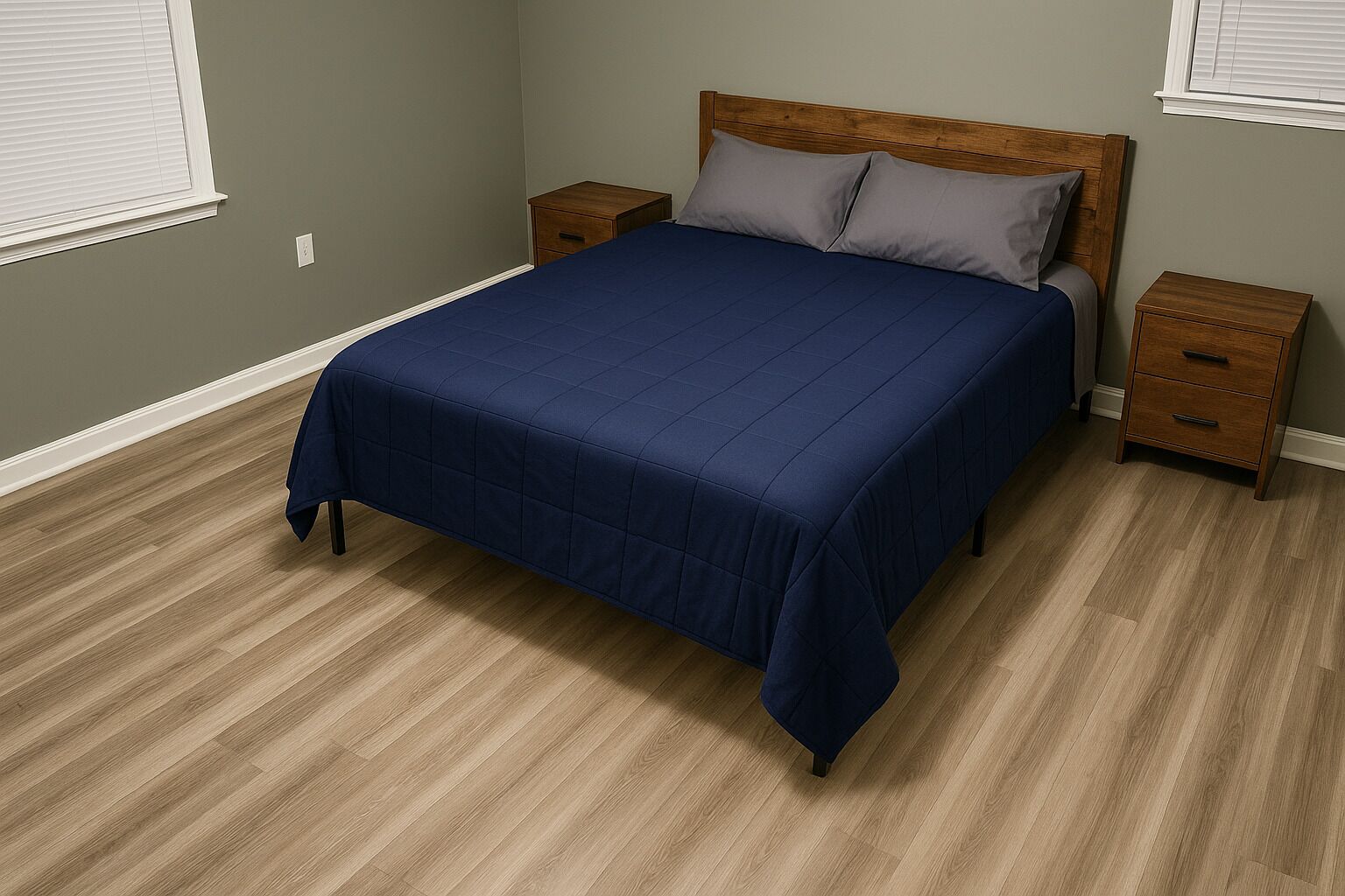 Une chambre à coucher avec un lit, deux tables de chevet et un plancher en bois.