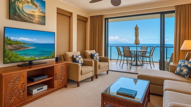Ein Hotelzimmer mit Fernseher, Sitzecke und einem Balkon mit Meerblick.
