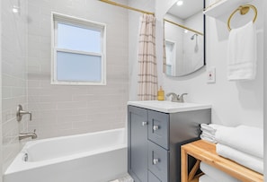 Hair dryer, towels, toilet paper