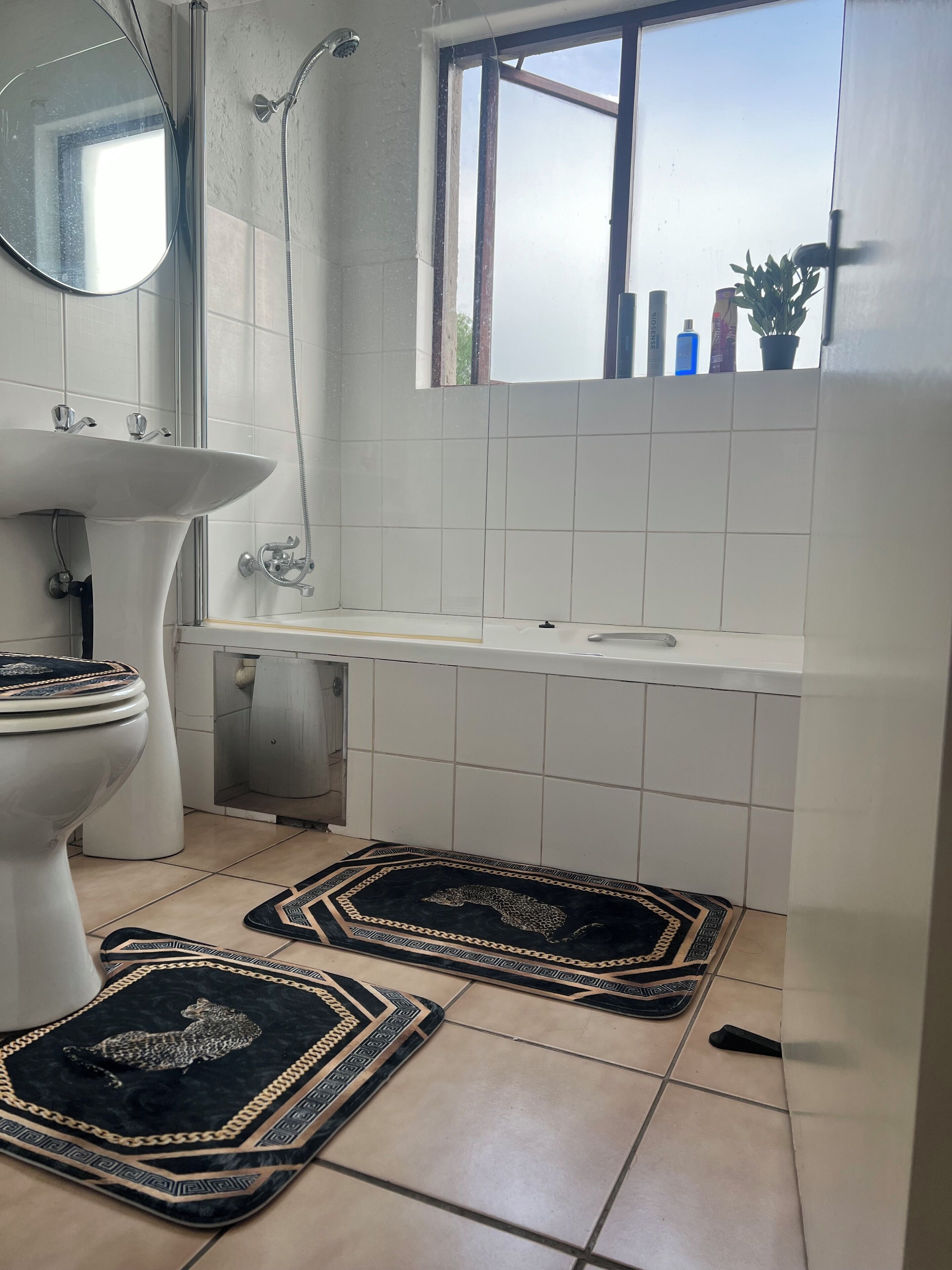 A bathroom with a toilet, sink, shower, and bathtub. There are two patterned rugs on the floor.