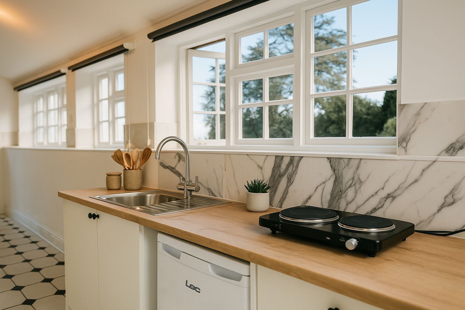 A kitchen with a built-in dishwasher, a sink, and a countertop with a marble backsplash.