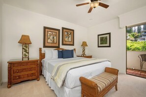  From rattan to relaxation, this bedroom is your all-access pass to sweet dreams and sunny mornings on repeat   KGV-17V3 - Kapalua Golf | Golf View 3 BR, Sleeps 10 | Car Incl. w/ 6+ Nights | KGV ML-2258 by KBM (Lahaina)