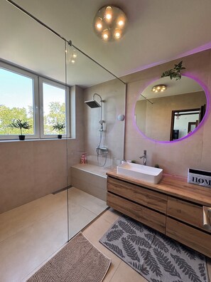 Shower, towels, soap, toilet paper