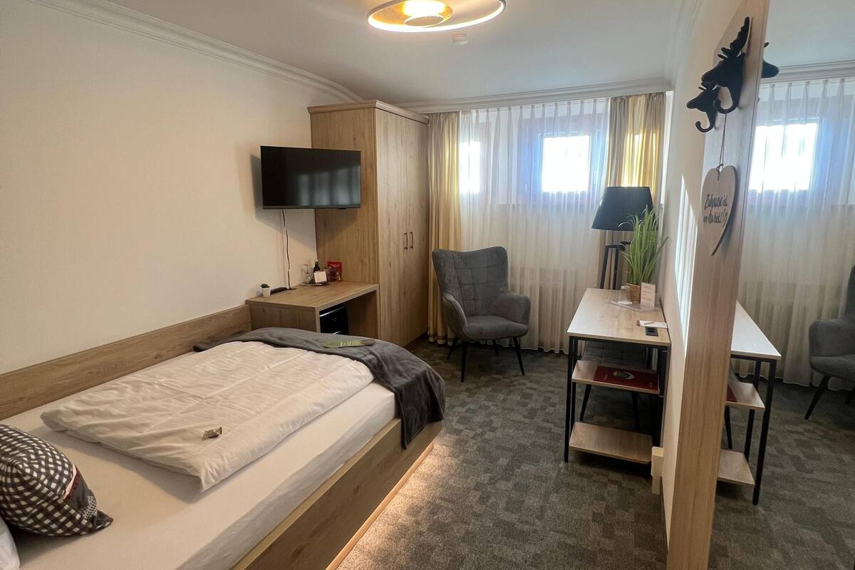 A hotel room with a bed, a desk, a chair, a TV, and a mirror.