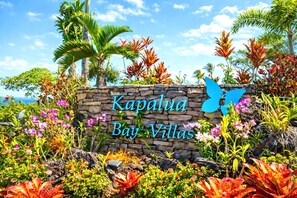 Une pancarte en pierre sur laquelle est inscrit « Kapalua Bay Villas », entourée de plantes tropicales et de palmiers.