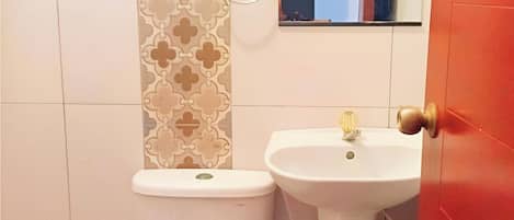 Shower, towels, soap, toilet paper