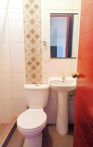 Een douche, handdoeken, zeep, toiletpapier