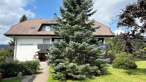 Ein zweistöckiges Haus mit geneigtem Dach, Solaranlagen auf dem Dach und einem gepflegten Garten mit einem großen immergrünen Baum im Vordergrund.