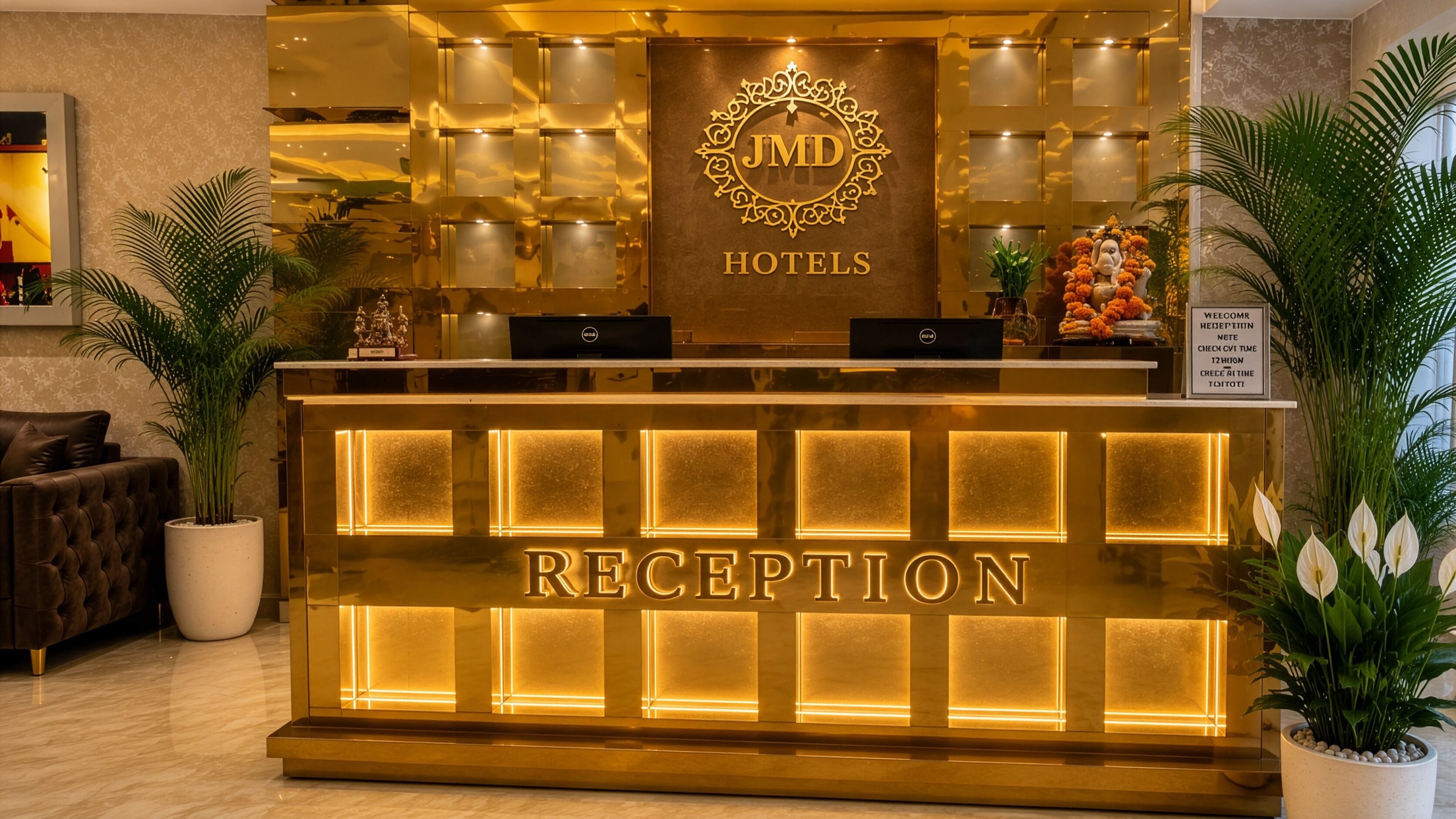 Un mostrador de recepción con un cartel de 'JMD Hotels', una computadora y un cartel de bienvenida.