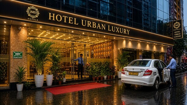 A hotel entrance with a red carpet, potted plants, and a white car parked outside. - Hotel Urban Luxury by JMD Group  (New Delhi)