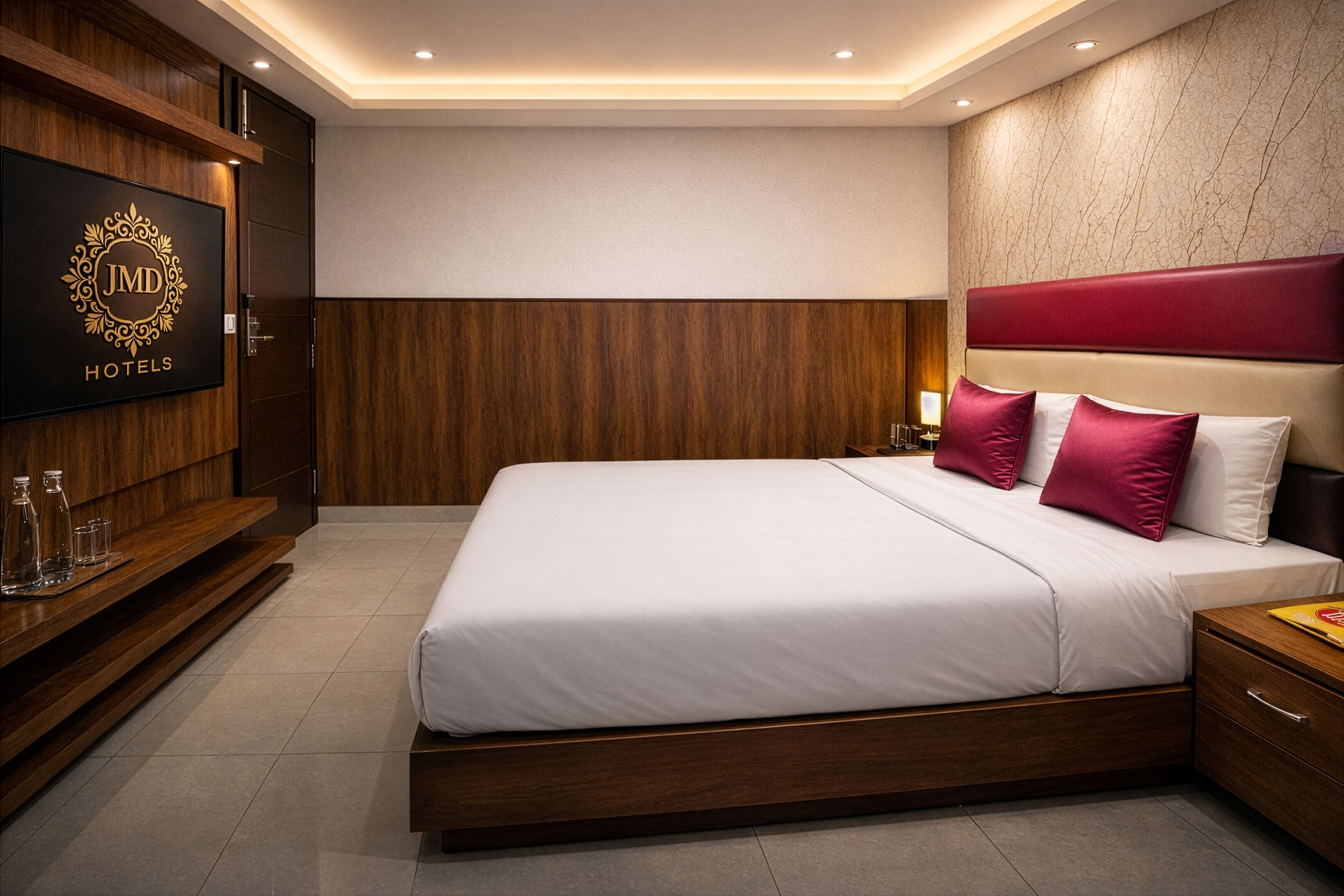 Habitación de hotel con una cama grande, cabecera de madera y un televisor empotrado mostrando el nombre del hotel.
