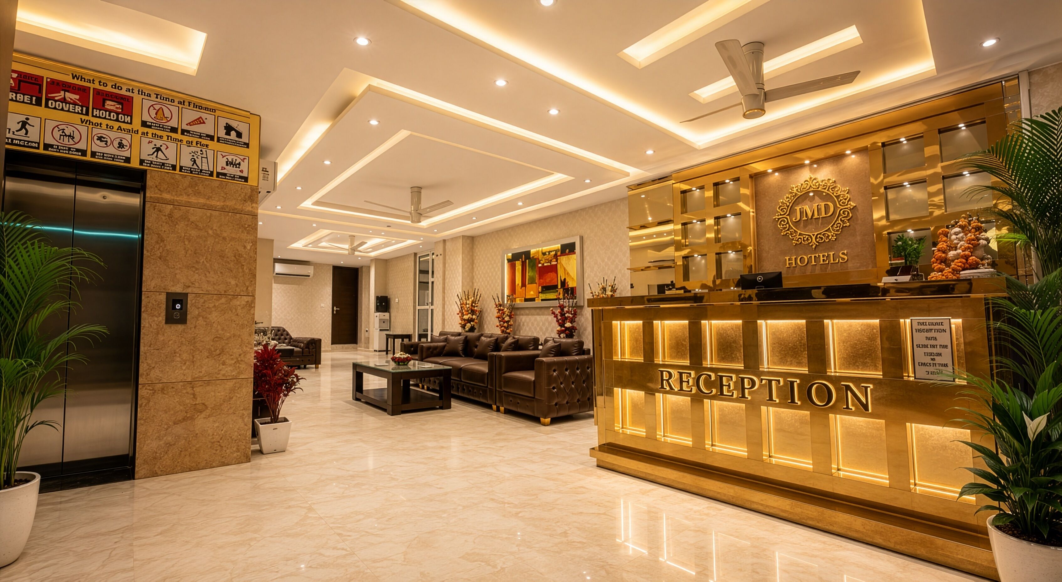A hotel reception area with a reception desk, a seating area with sofas, and a wall-mounted artwork.