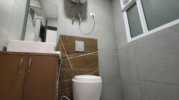 Shower, free toiletries, bidet, towels