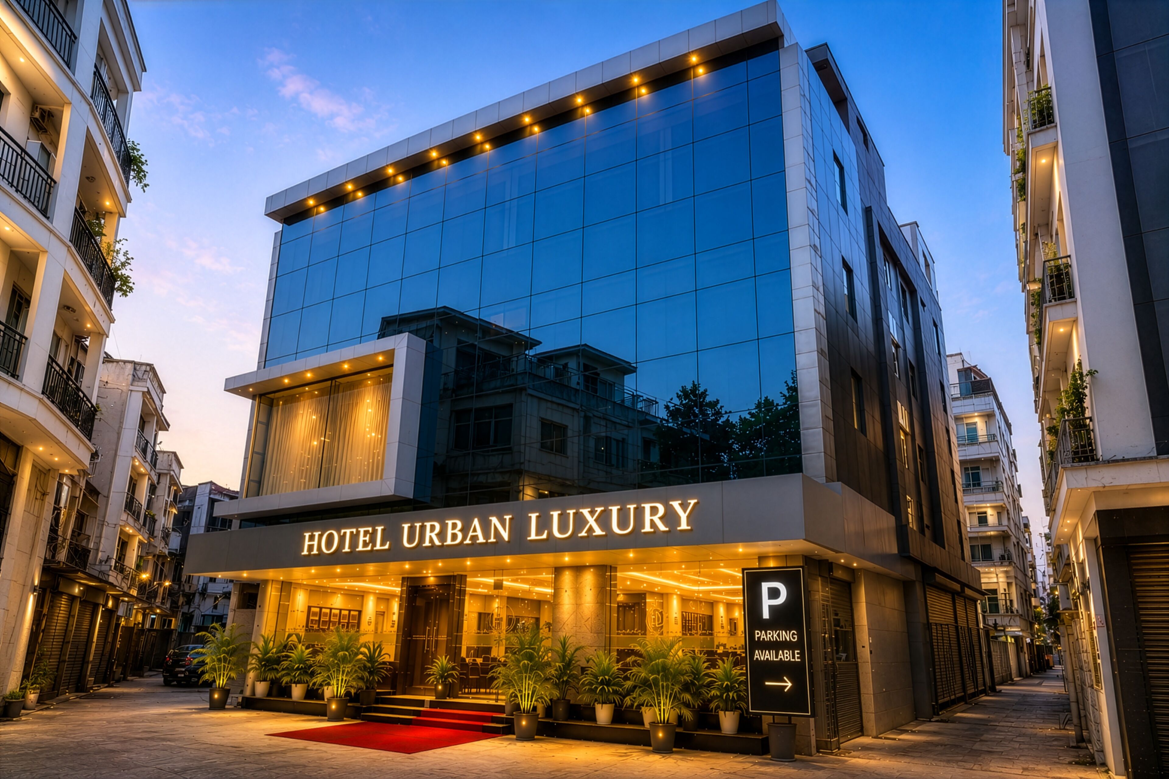 A modern hotel building with a glass facade and a red carpet entrance.