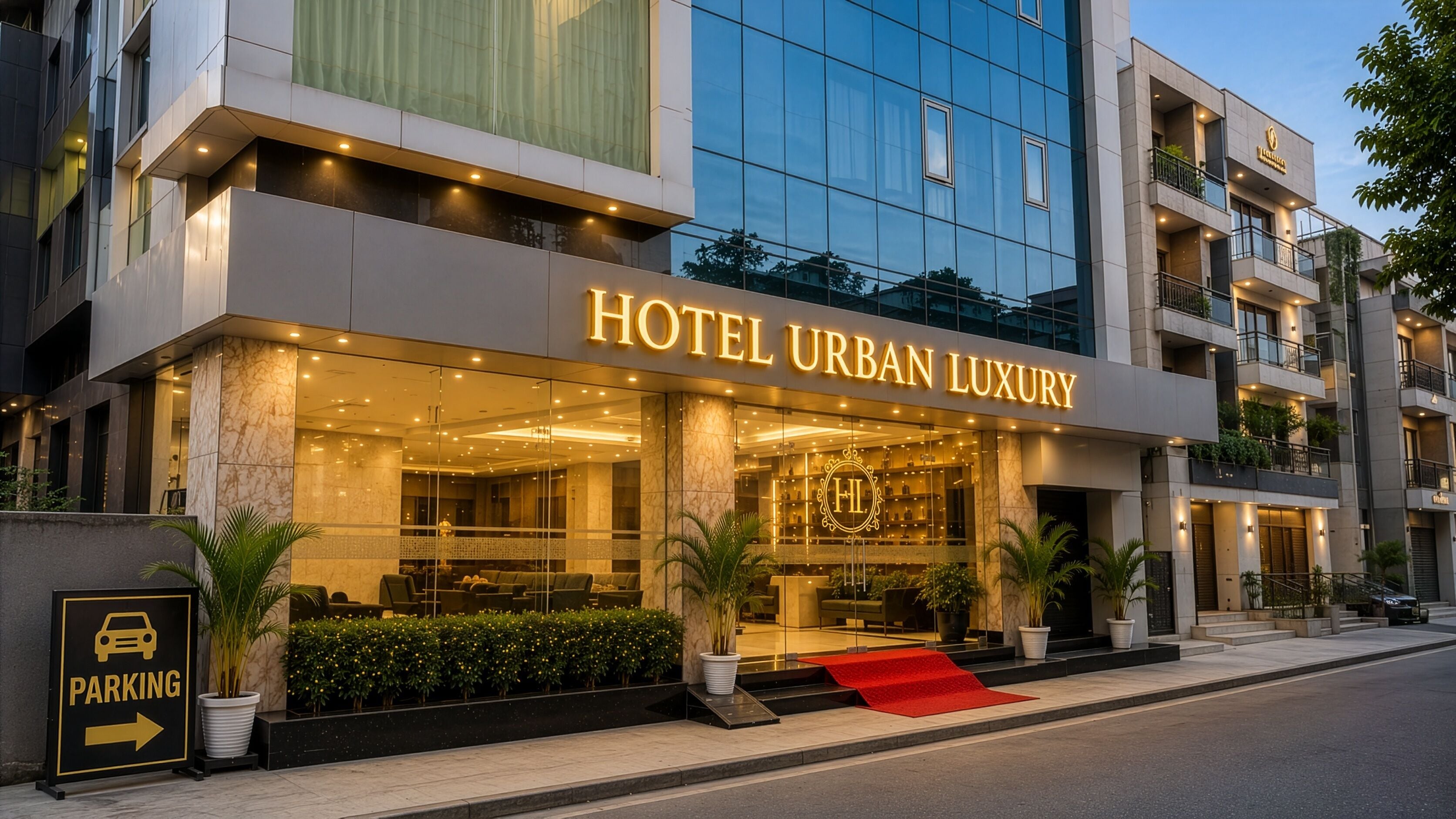 A hotel with a modern facade, a prominent entrance, and a red carpet leading to the lobby.