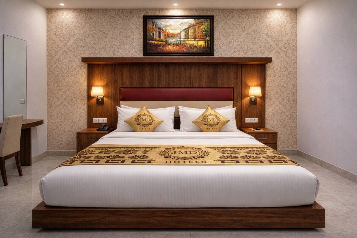 Habitación de hotel con una cama grande, cabecera de madera, dos lámparas de noche, un cuadro enmarcado sobre la cama y un escritorio con una silla.