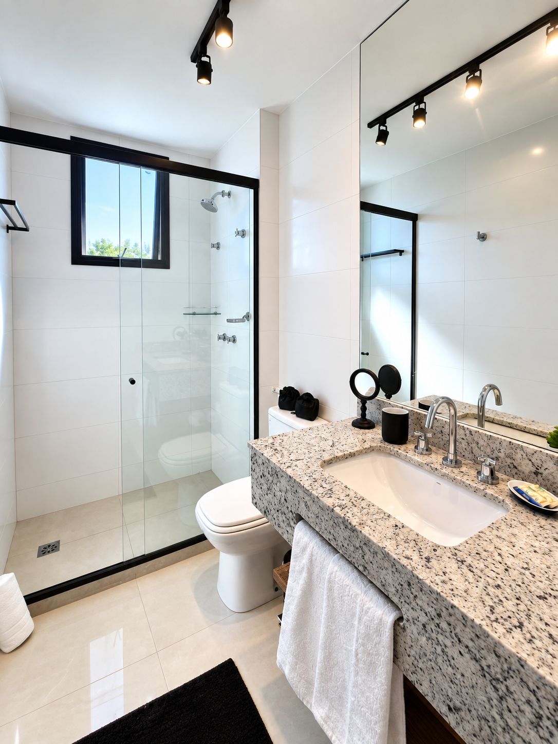 Une salle de bain moderne avec une douche à parois de verre, des toilettes blanches, un lavabo surmonté d’un plan de travail en granit et un grand miroir.