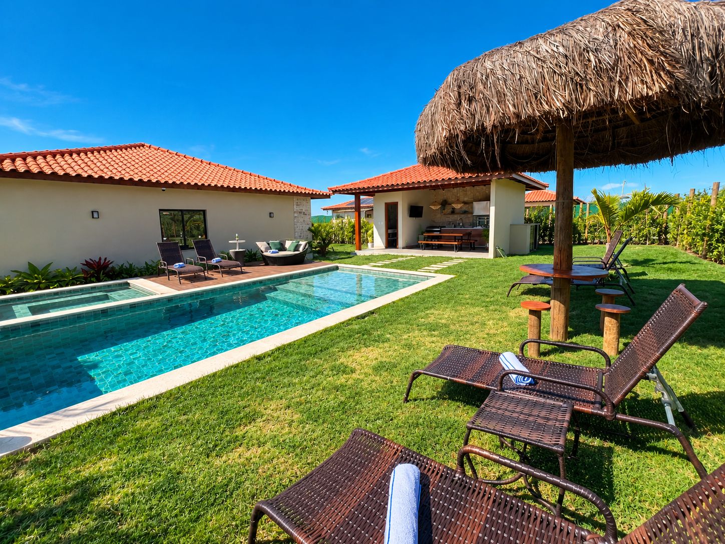 Une piscine avec des chaises longues, un parasol en chaume et un espace patio comprenant une table et des chaises.