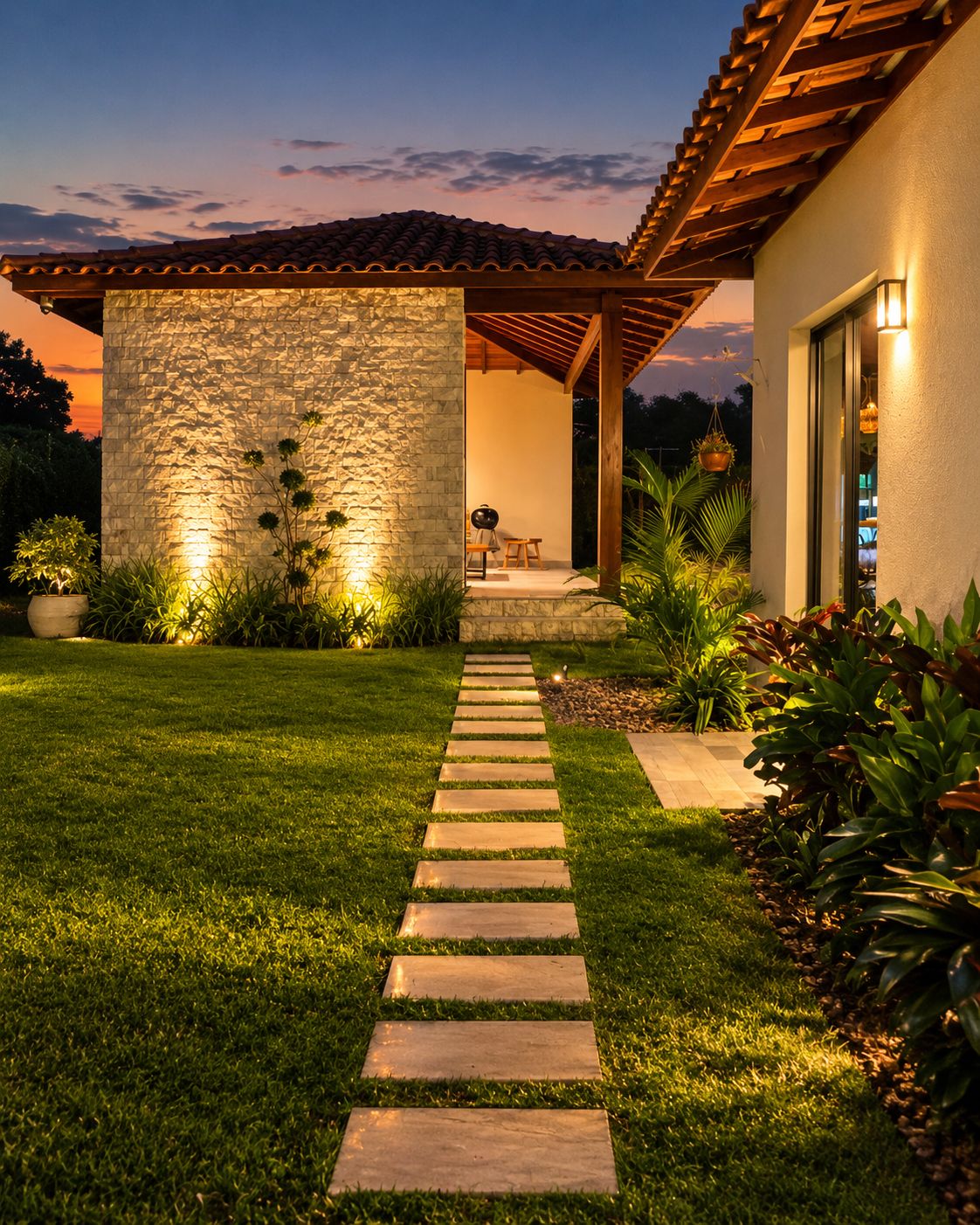 Un camino bien iluminado que conduce a una casa con fachada de piedra y una pérgola de madera.