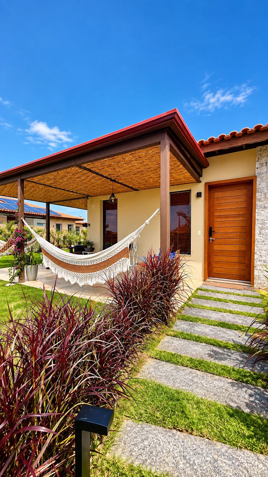 Une maison avec un toit rouge, une porte en bois et un hamac dans le jardin.