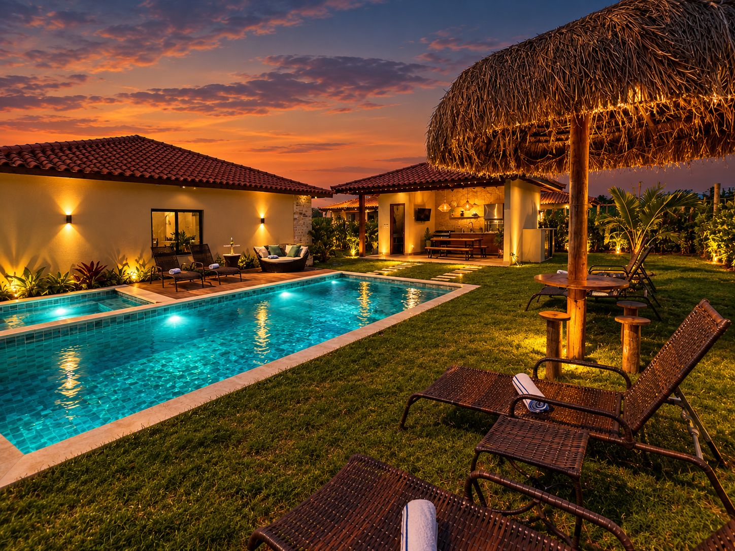 A swimming pool with lounge chairs and a thatched umbrella, surrounded by a well-maintained lawn and a building with a tiled roof.