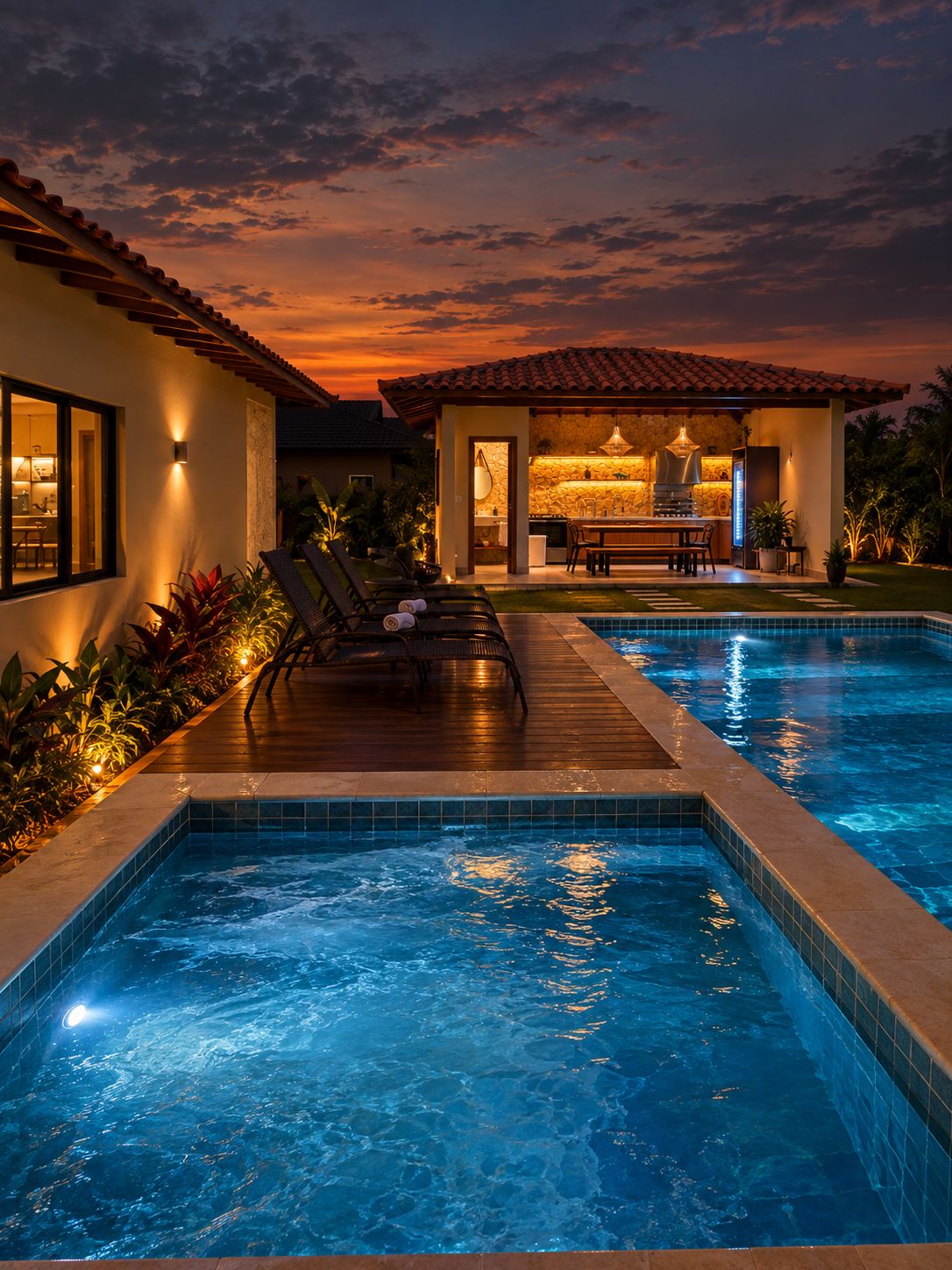 A swimming pool with a wooden deck and lounge chairs, a stone building with a kitchen area, and a sunset sky.