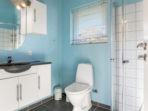 A bathroom with a white sink, a toilet, and a shower.