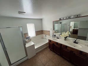 Hair dryer, towels, soap, shampoo