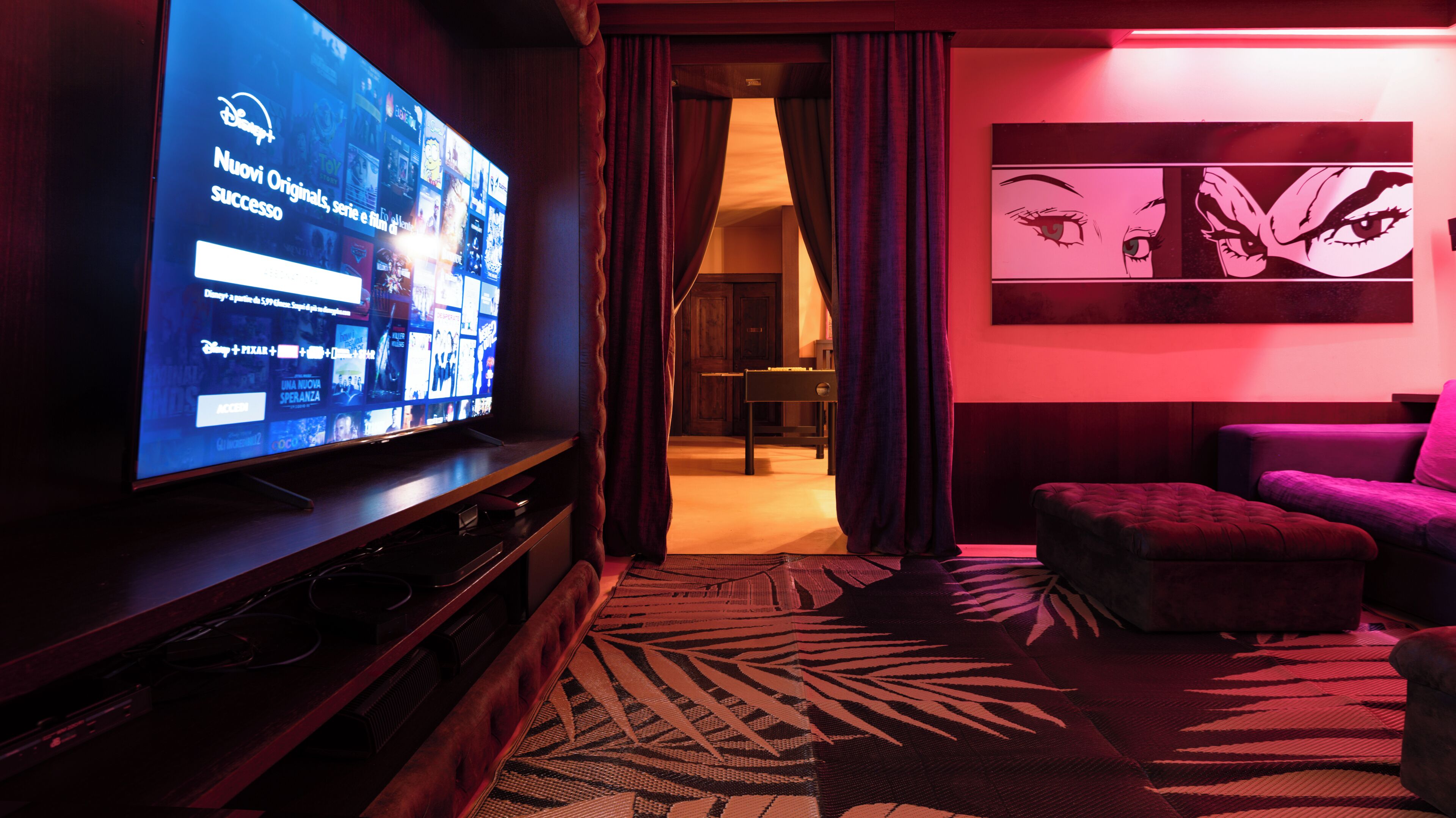 Smart TV, fireplace, DVD player, foosball