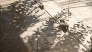 A glass door with a metal handle, reflecting sunlight and casting shadows on the floor. - Siam Escape (Bangkok)